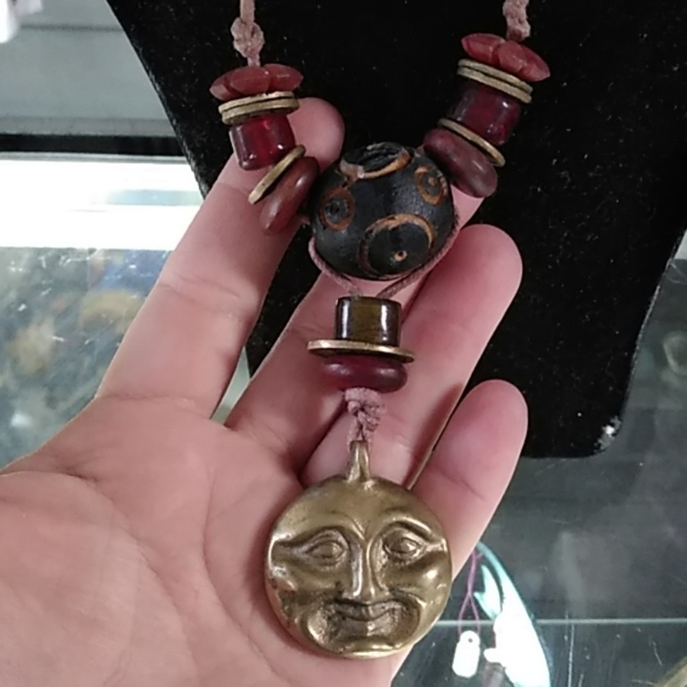 Boho Brass pendant, beaded neclace on leather